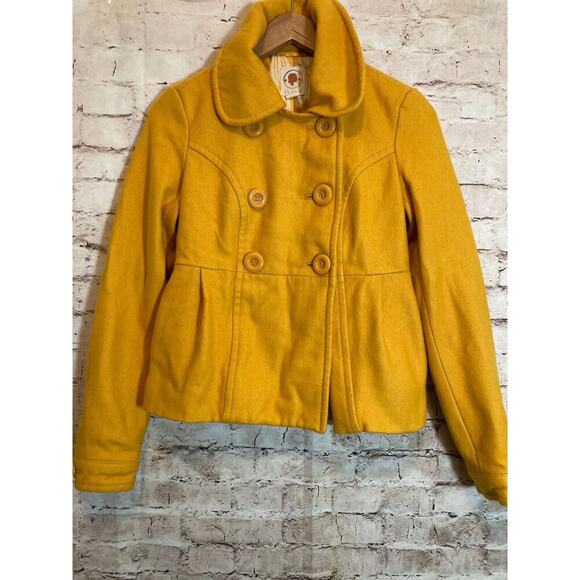 Anthropologie Tulle Coat Womens Small Pea Coat Mustard Yellow Wool Button Front - Picture 1 of 13
